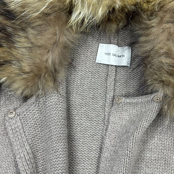 Yves Salomon Cashmere Sweater Cardigan Raccoon Fur Collar Brown Luxury Designer - Picture 8 of 12
